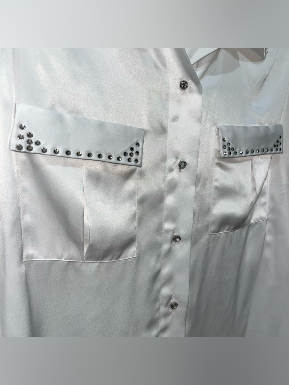 Vintage JH Collectibles White Satin Button-Up Shirt w/ Studded Collar & Pockets - Picture 2 of 9
